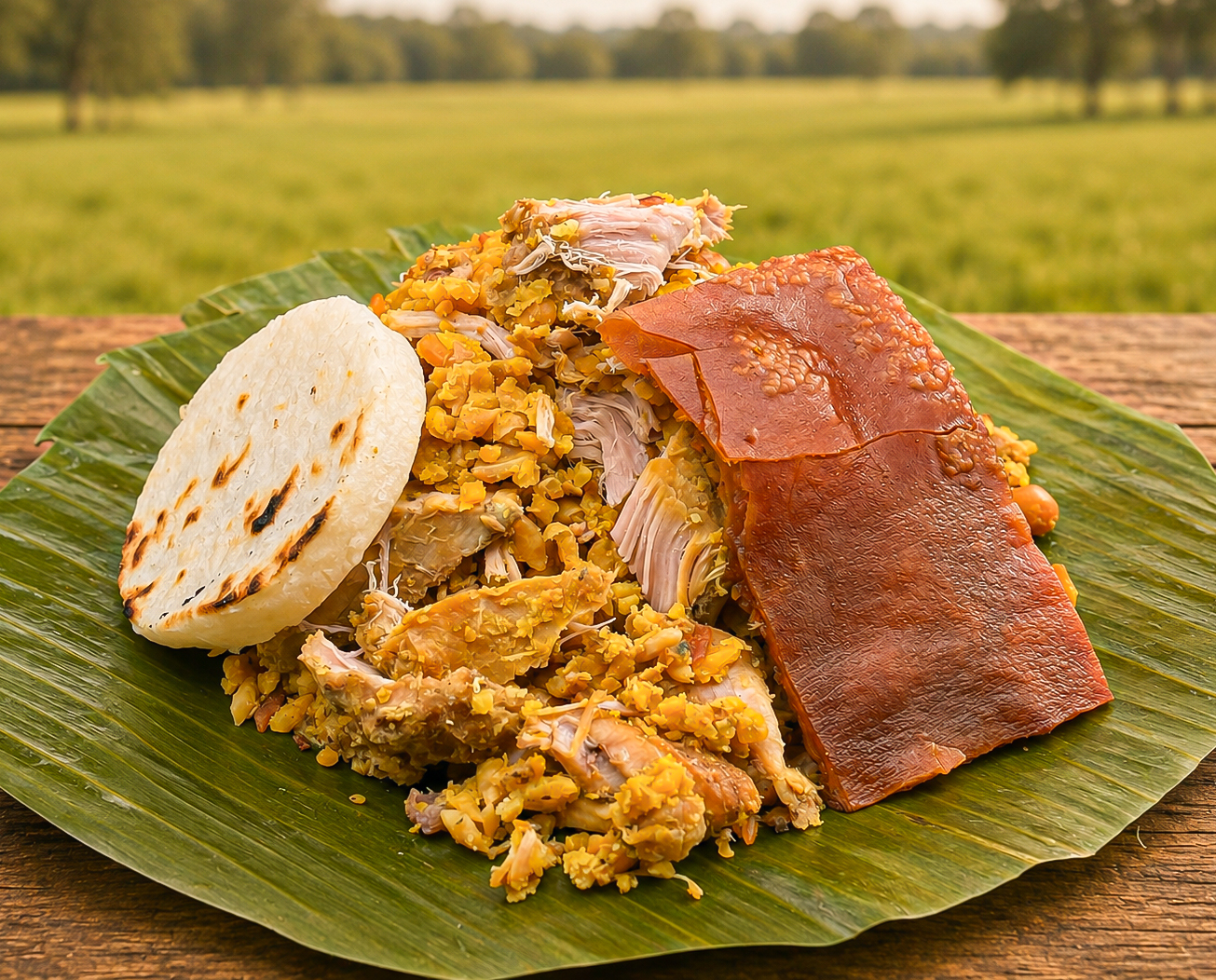 Ración de lechona colombiana servida sobre hoja de plátano con arepa