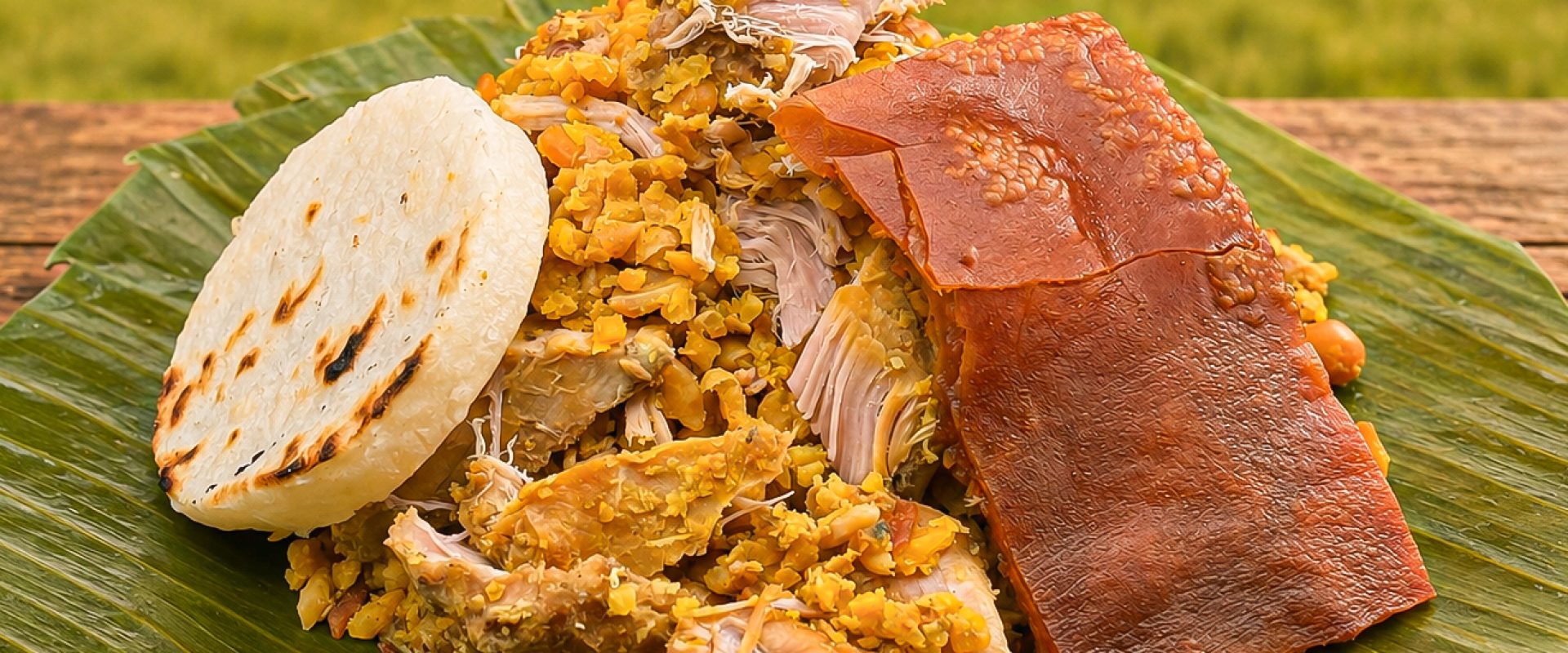Ración de lechona colombiana servida sobre hoja de plátano con arepa